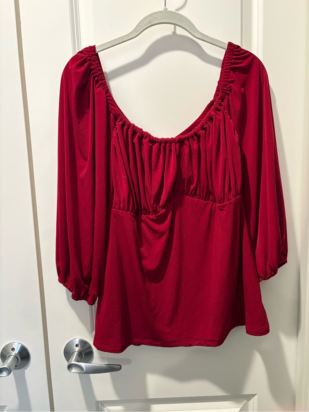 Vixen by Micheline Pitt Deep Red Gathered Scoop-Neck Blouse